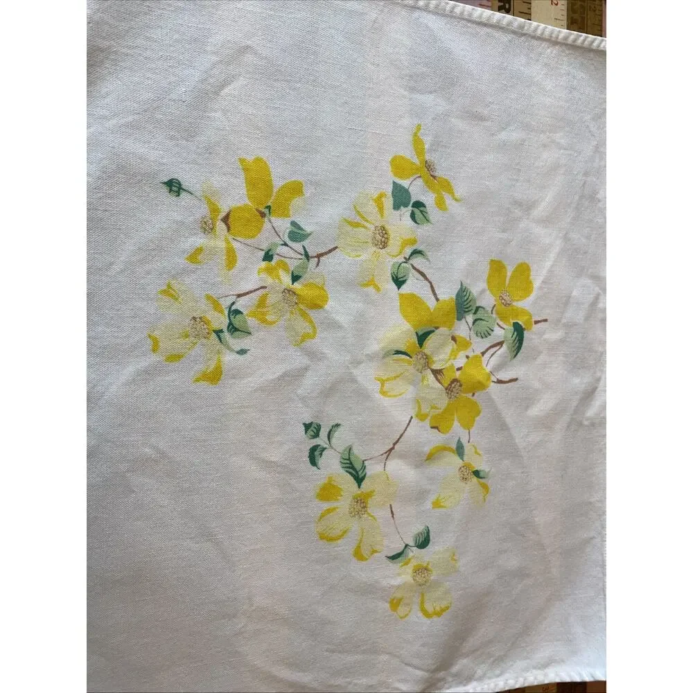 Set of 5 Vintage Cotton Floral Napkins Yellow Dogwood Print 15X17 Square Retro